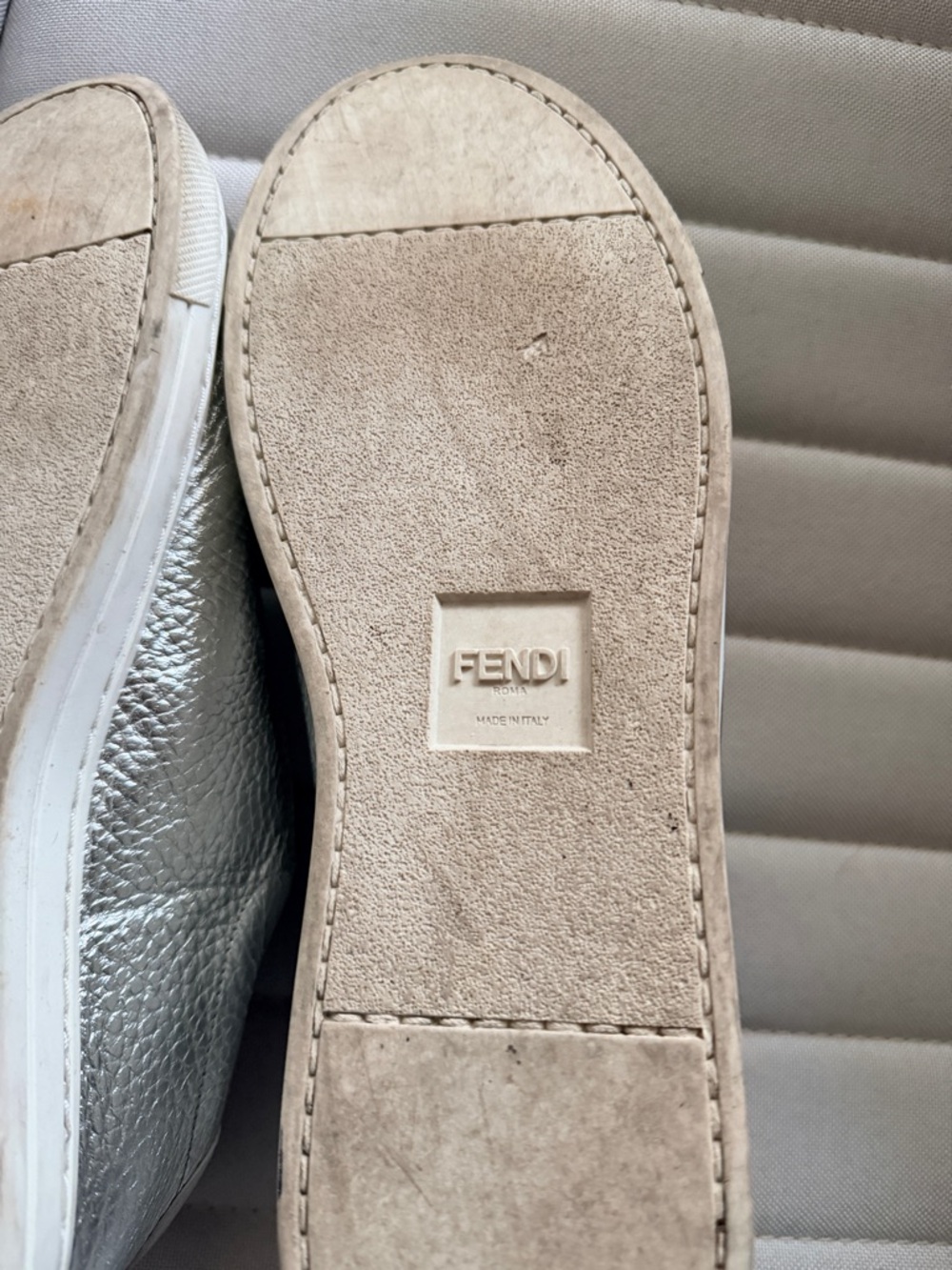 Fendi Metallic Silver Leather Slip-On Sneakers with Pink and Black Logo Sz 40 - Picture 7 of 8